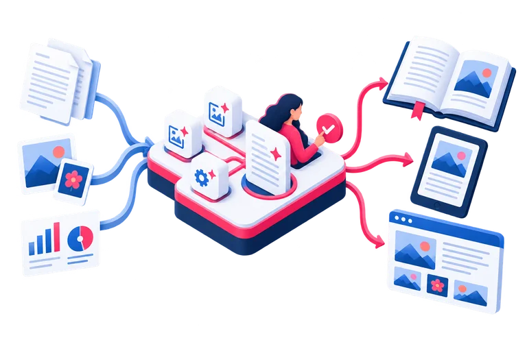 Illustration: Inhalte durchlaufen einen gesteuerten Workflow mit menschlicher Freigabe und werden zu Print- und Digitalprodukten.
