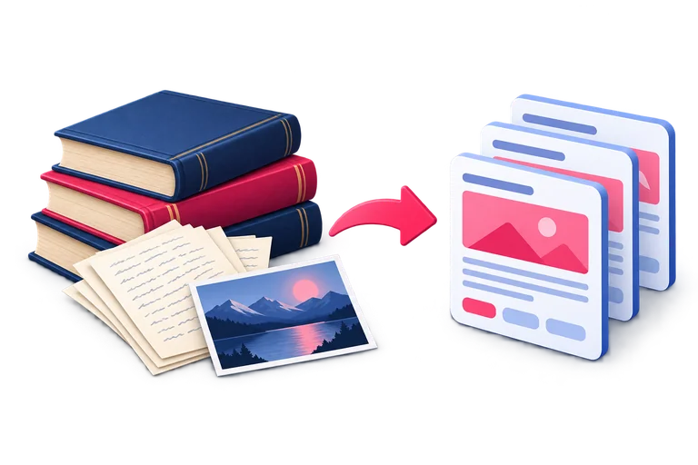 B&uuml;cher, Dokumente und Bilder werden in digitale Inhaltsbausteine &uuml;berf&uuml;hrt.
