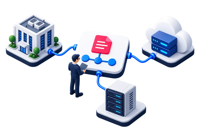 Eine zentrale Anwendung ist mit Rechenzentrum, Cloud und eigenem Server verbunden.