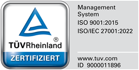 TÜV Rheinland: zertifiziertes Managementsystem, ISO 9001 und ISO/IEC 27001, ID 9000011896 – Nachweis auf Certipedia öffnen